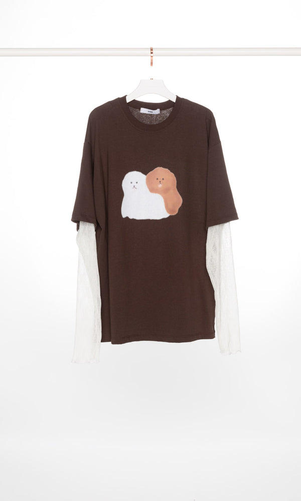 Dogs Print Oversized T-shirt with Lace Sleeves