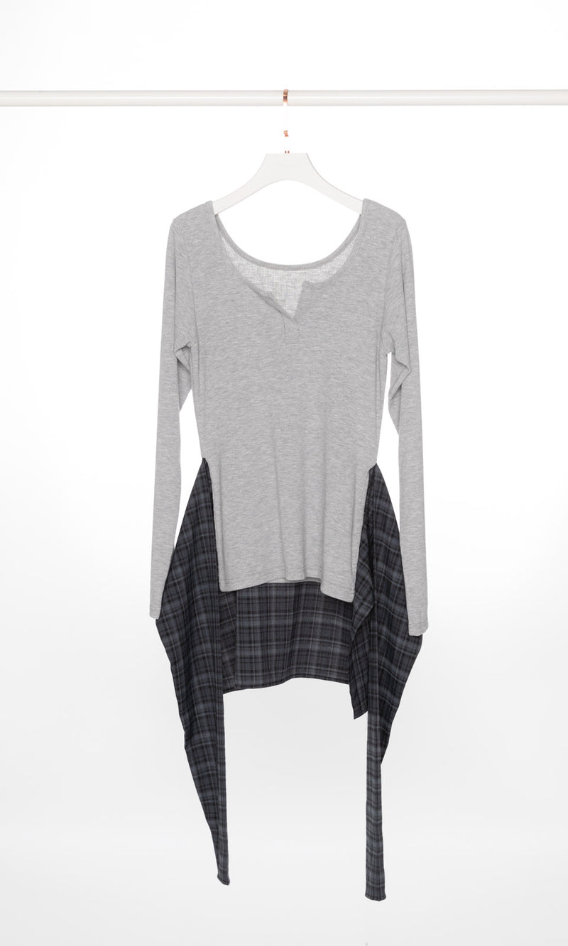 Ribbed Long Sleeves Top with Checker Waist Wrap