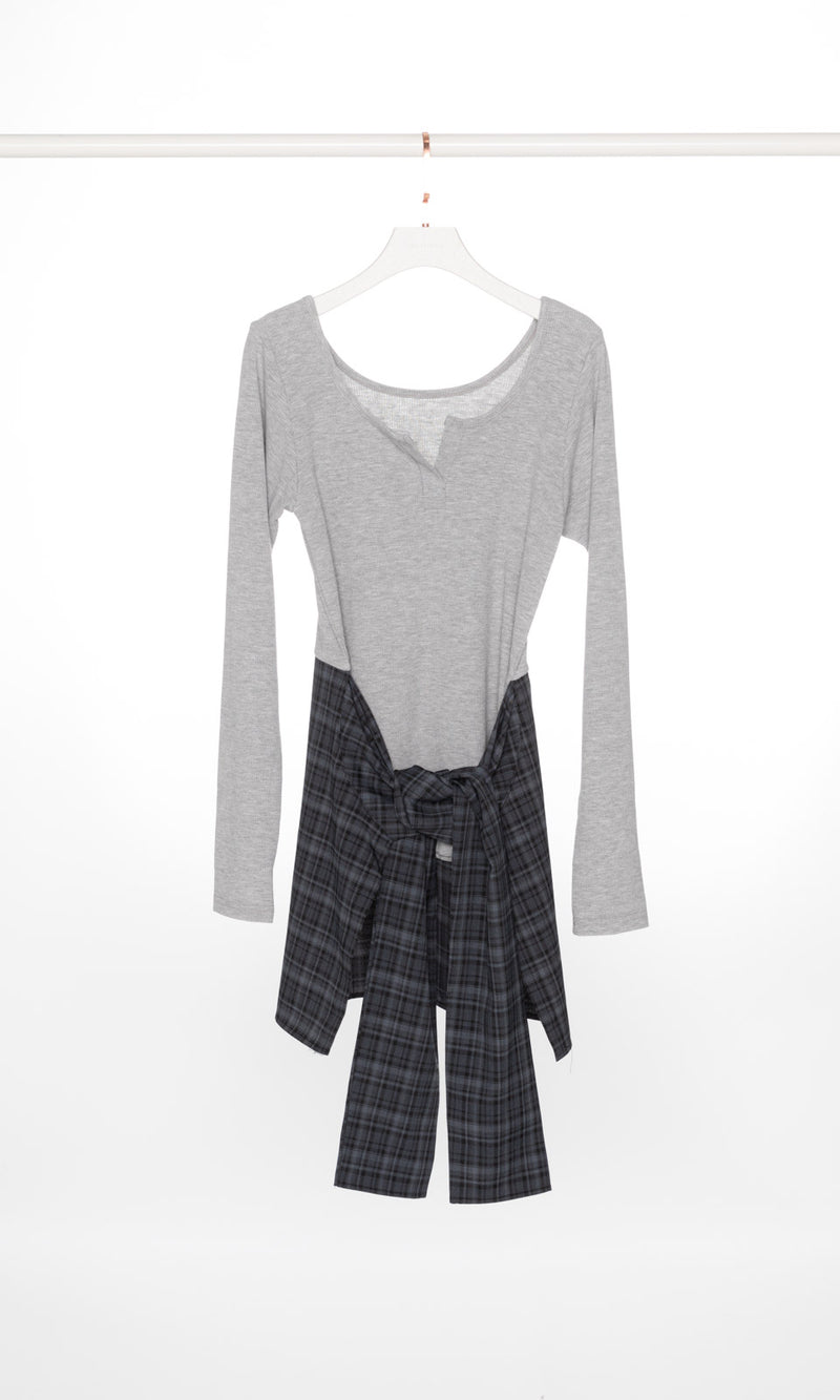Ribbed Long Sleeves Top with Checker Waist Wrap