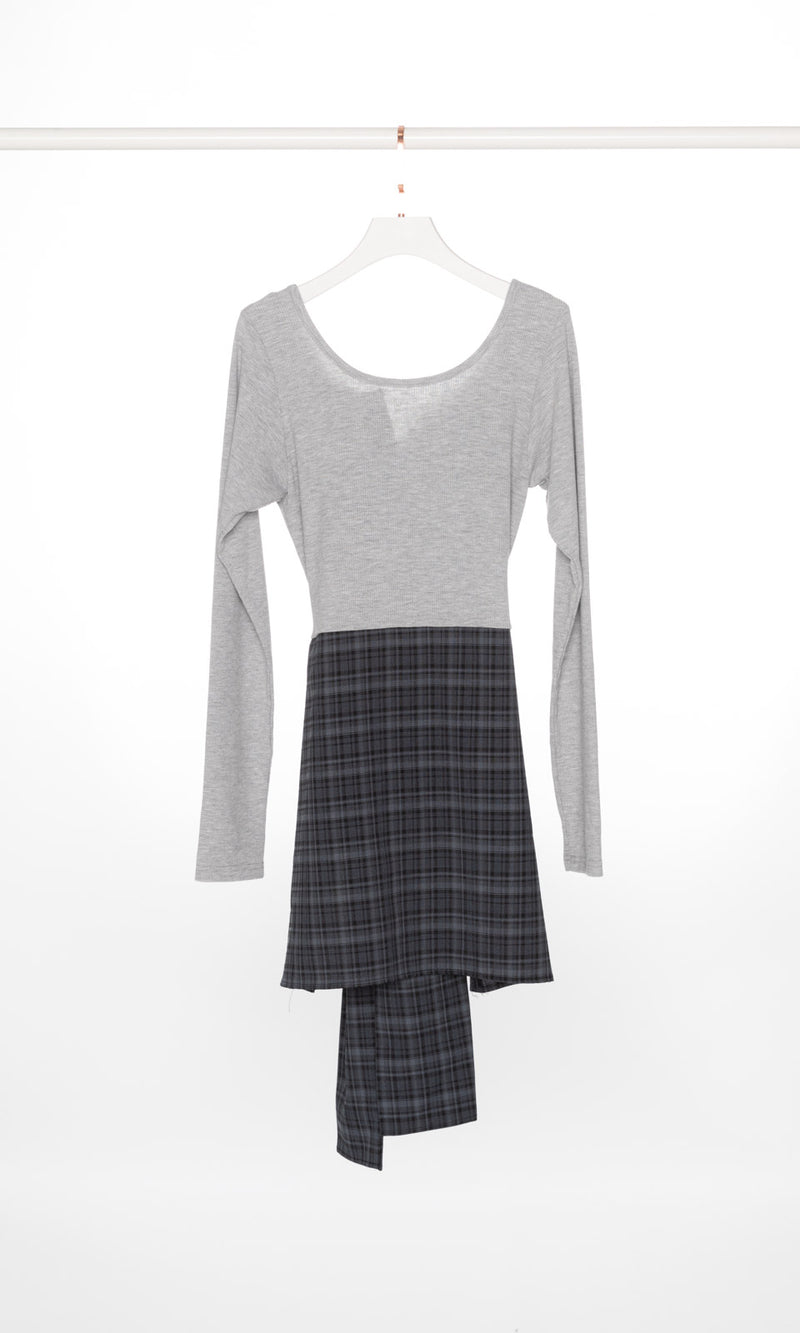 Ribbed Long Sleeves Top with Checker Waist Wrap