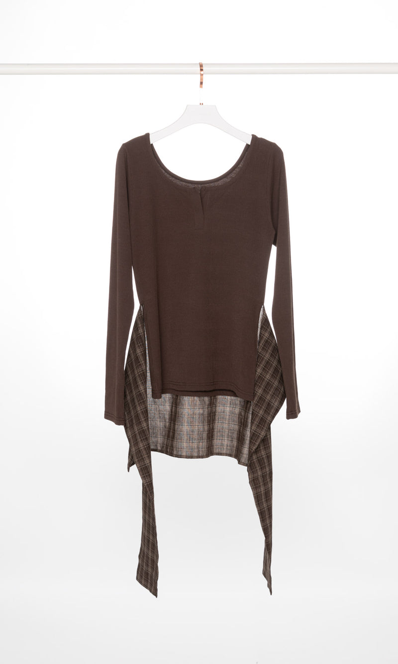 Ribbed Long Sleeves Top with Checker Waist Wrap