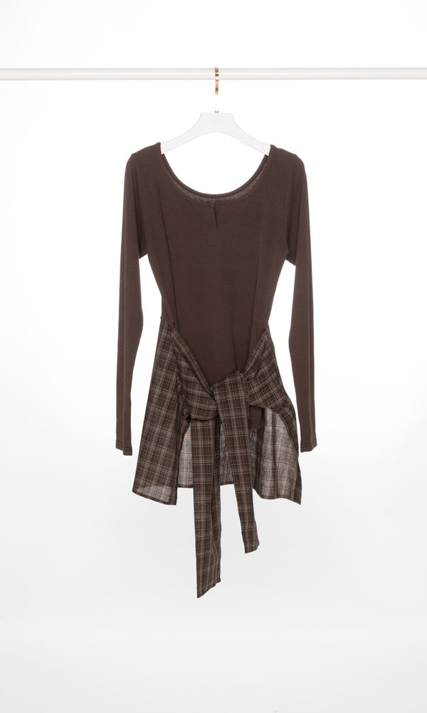 Ribbed Long Sleeves Top with Checker Waist Wrap