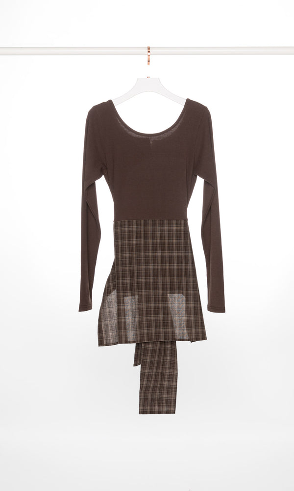 Ribbed Long Sleeves Top with Checker Waist Wrap