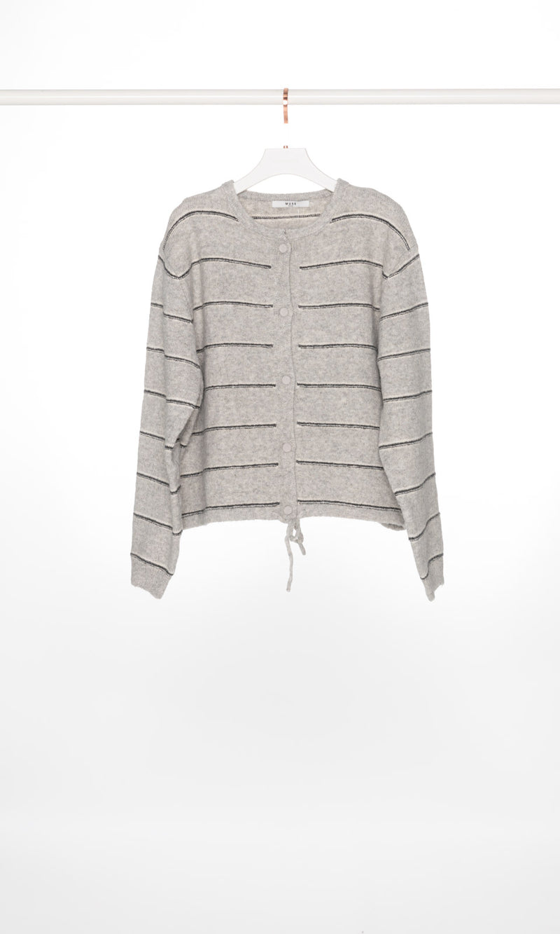 Button Up Stripe Cardigan with Drawstring
