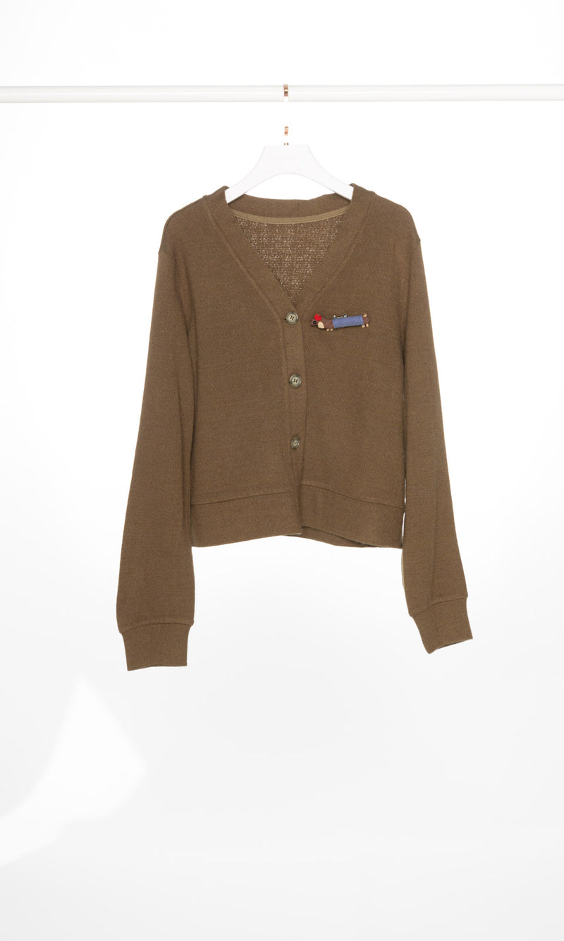 V-neck Cardigan with Dog Brooch