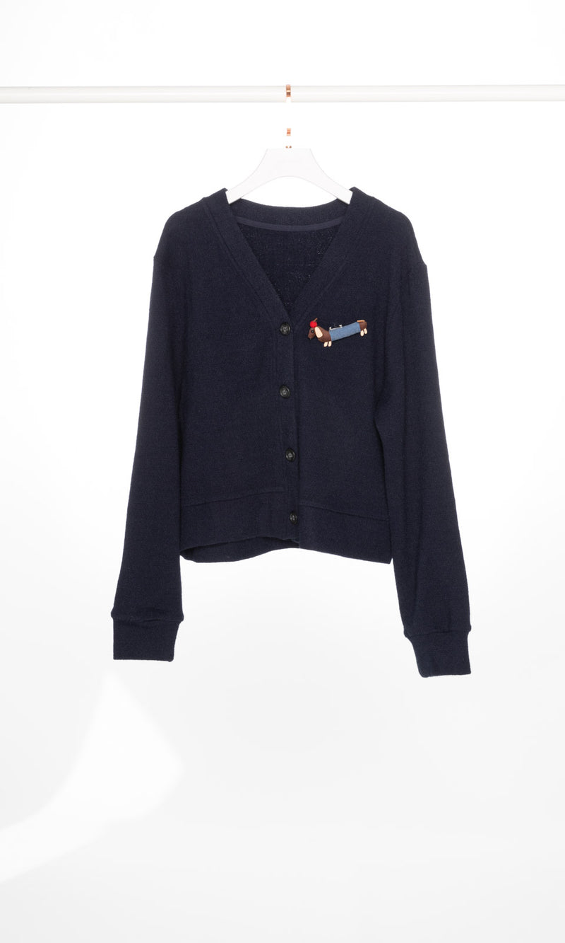 V-neck Cardigan with Dog Brooch