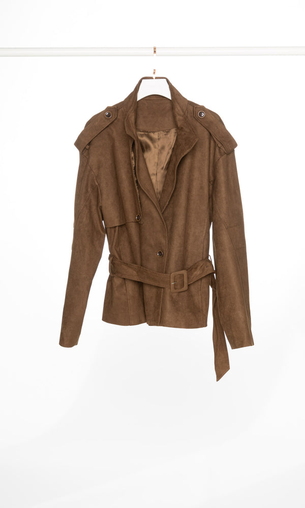 Suede Short Trench Jacket with Waist Belt