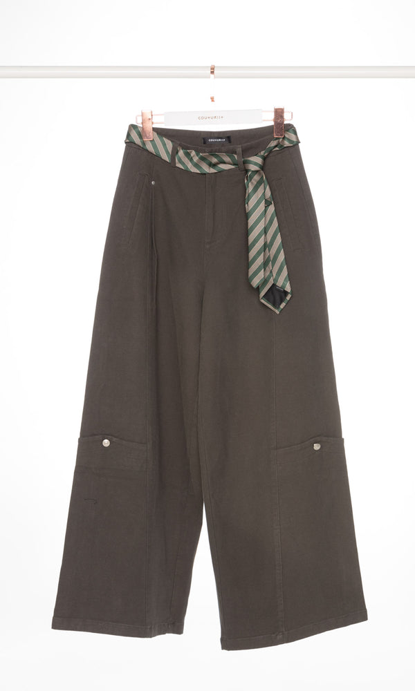 Front Pleated Super Wide Leg Pants with Scarf Belt