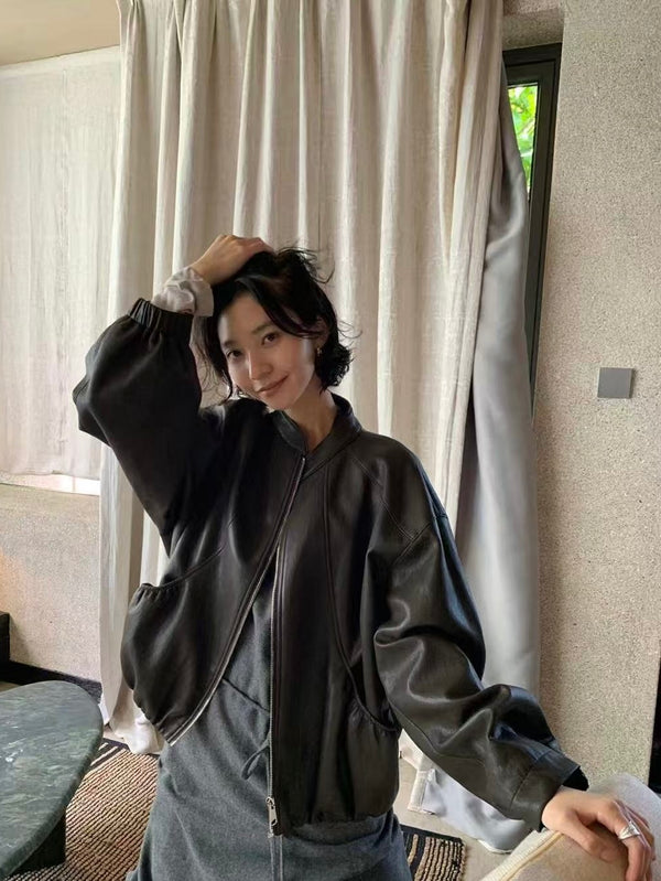 Zip Up Bomber Leather Jacket