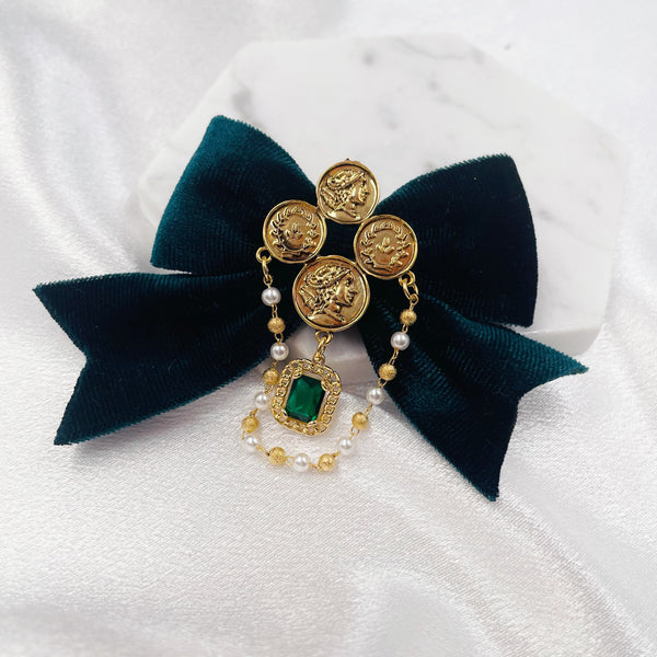 Velvet Bow with Coins and Green Rhinestone Brooch