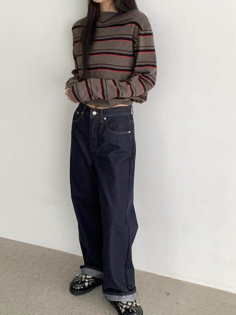 Drop Shoulder Brown and Red Stripe Sweatshirt