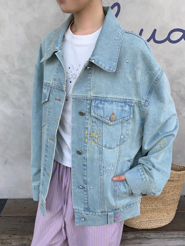 Stitched Bows and Dogs Oversized Denim Jacket