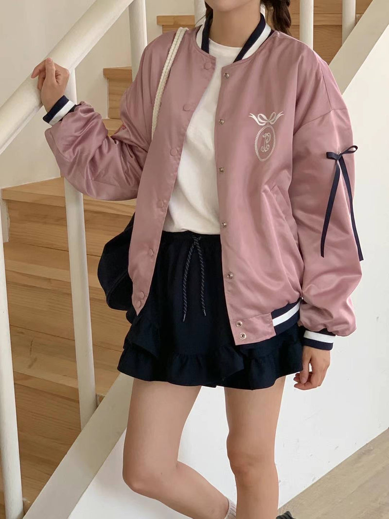 Side Ribbons Fleece Lining Satin Varsity Jacket