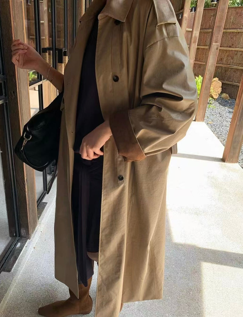 Shiny Long Trench Coat with Contrasting Cuff