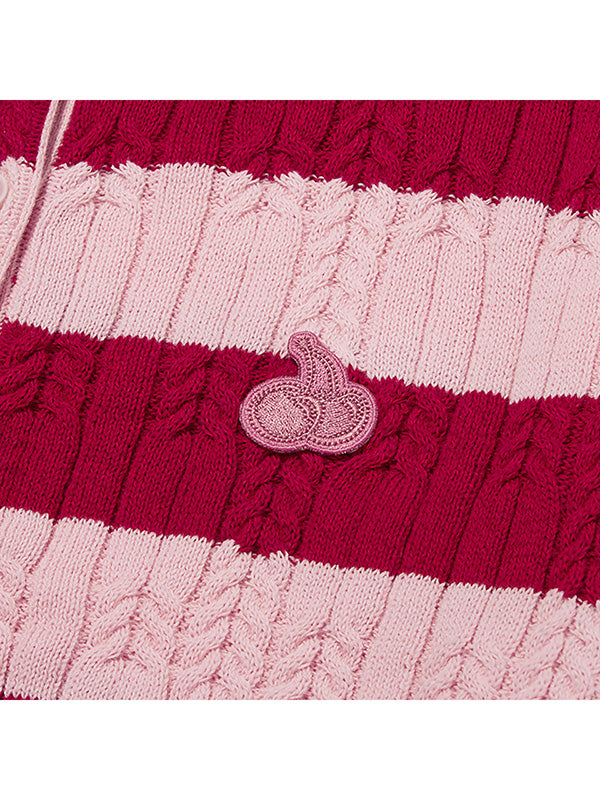 Small Cherry Cable Crop Knit Cardigan Stripe Pink