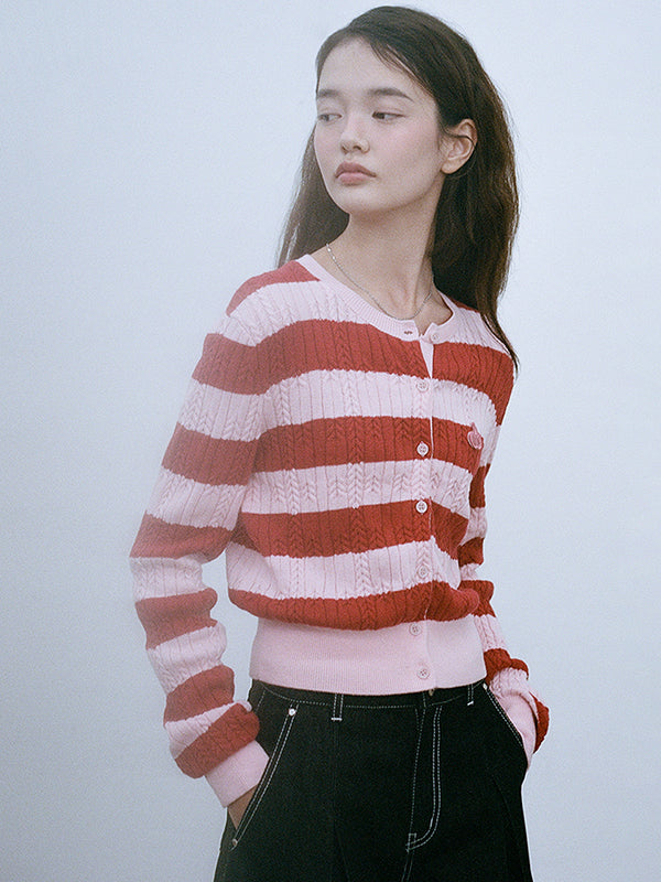 Small Cherry Cable Crop Knit Cardigan Stripe Pink