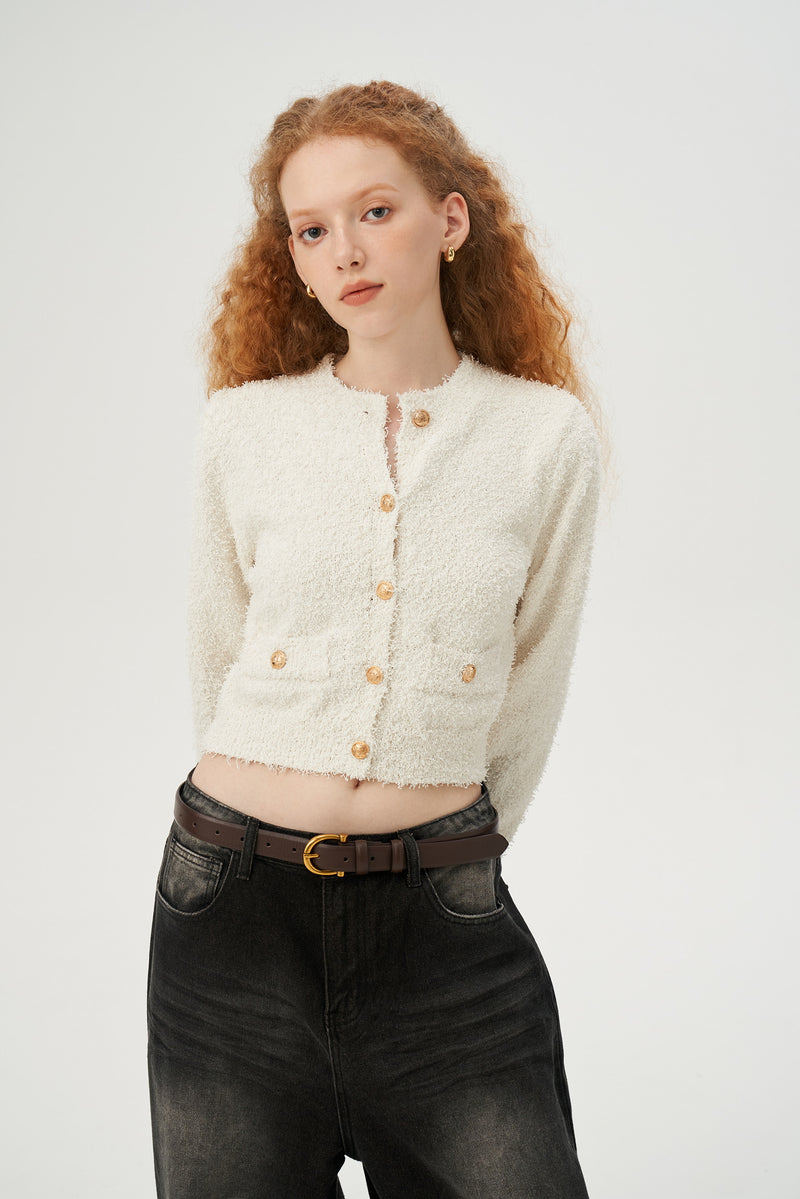 Fuzzy Cardigan with Gold Buttons