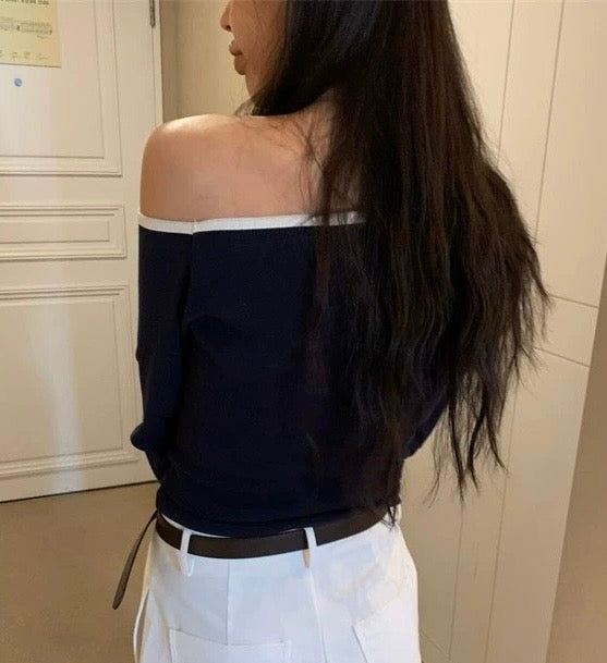 Slanted Shoulder Long Sleeves Top