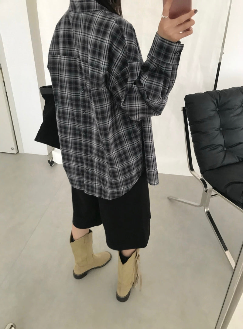 Navy Blue Checker Oversized Shirt