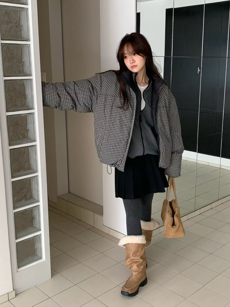 Reversible Checker Down Jacket with Drawstring