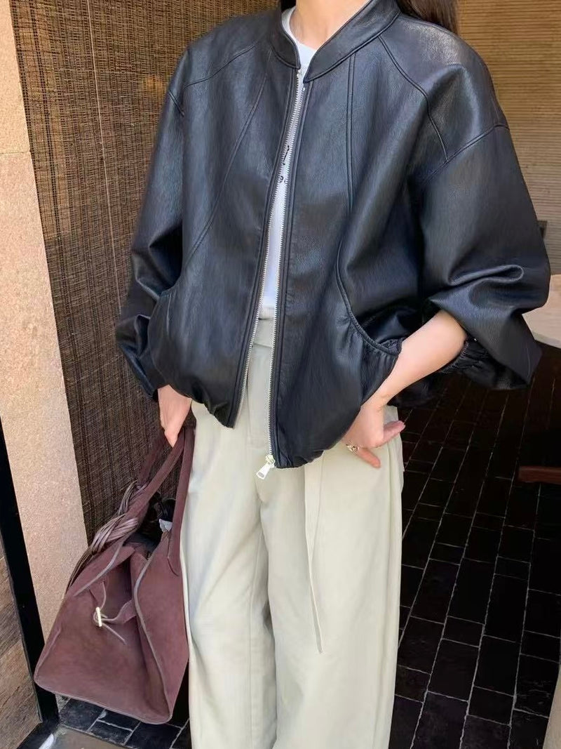 Zip Up Bomber Leather Jacket