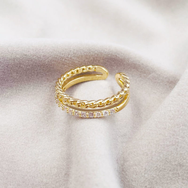 Two-layered Chain and Rhinestones Ring
