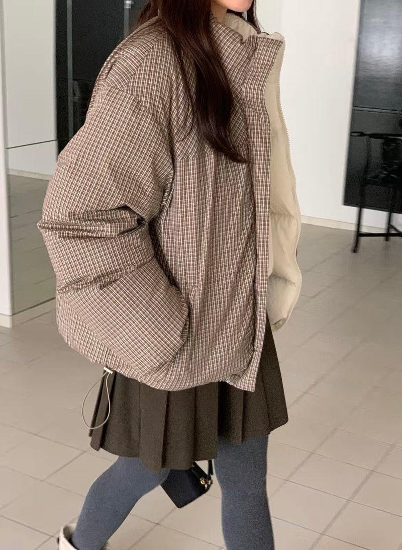 Reversible Checker Down Jacket with Drawstring