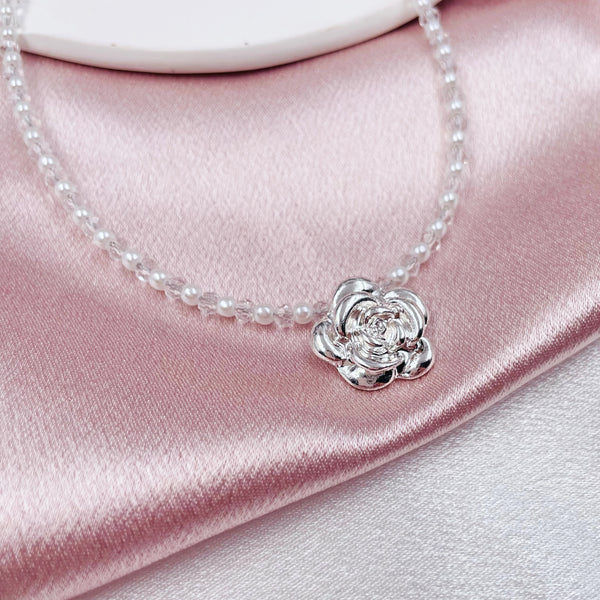 Pearl and Bead Chain with Flower Pendant Necklace