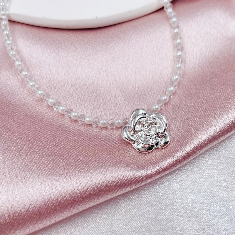 Pearl and Bead Chain with Flower Pendant Necklace