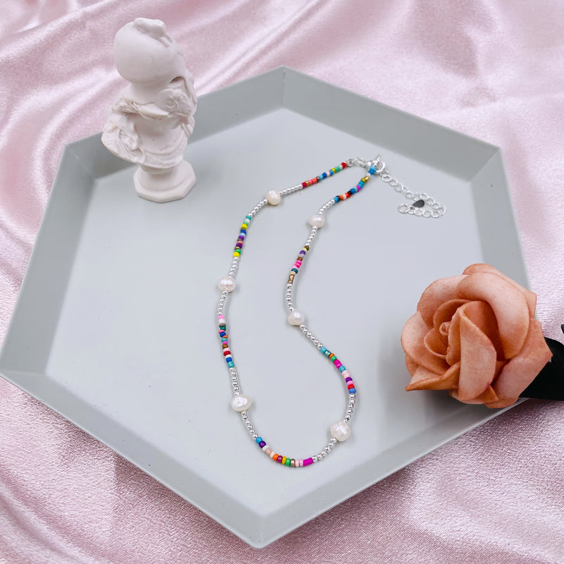 Colorful and Silver Beads with Pearl Necklace
