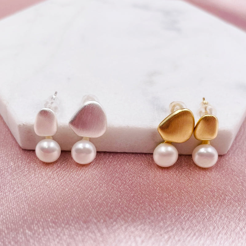 Asymmetrical Matte Metal Triangle and Pearl Earrings