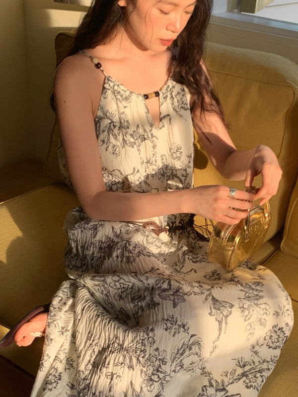Flower Print Tassel Hem Maxi Dress with Belt