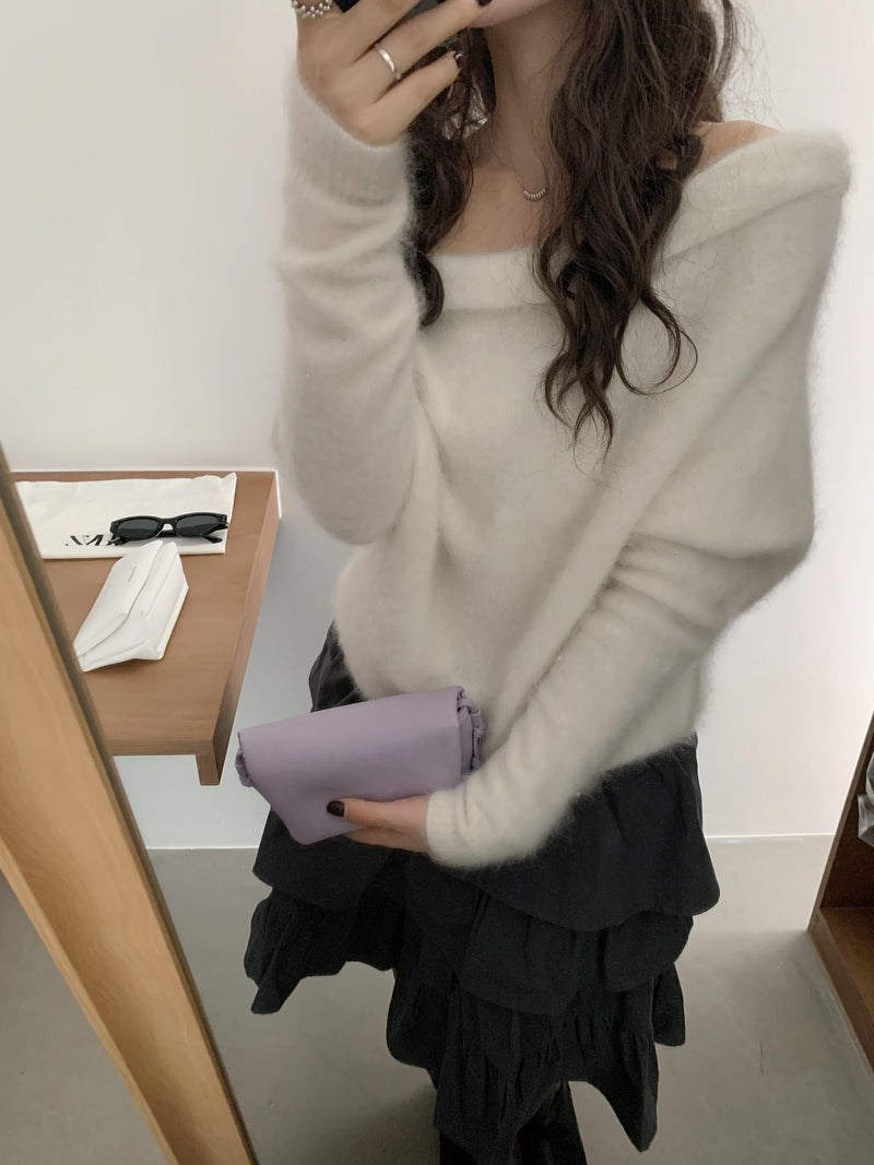 Fold Over Off Shoulder Wool Sweater