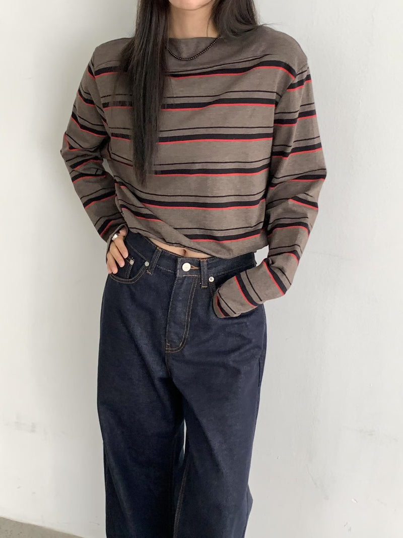 Drop Shoulder Brown and Red Stripe Sweatshirt