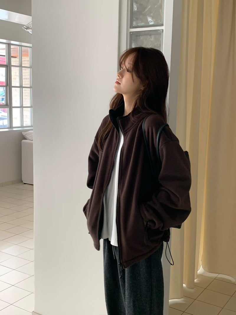 High Neck Oversized Fleece Jacket with Drawstrings