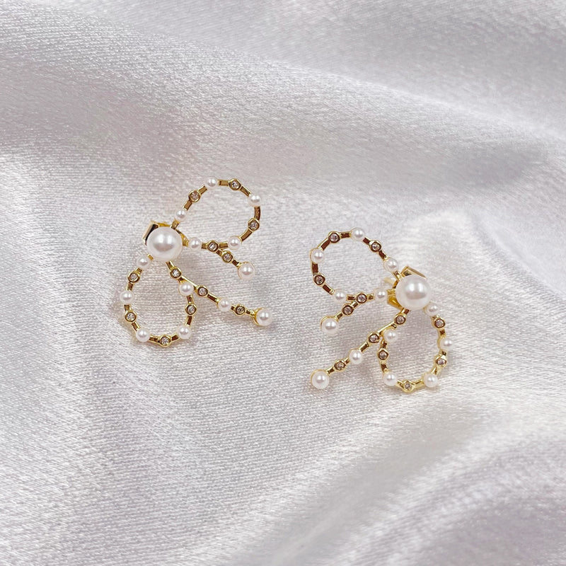 Mini Pearls and Rhinestones Bow Earrings