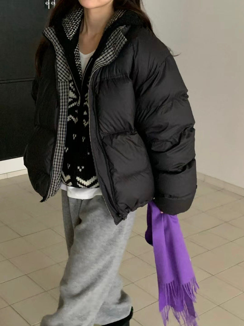 Reversible Checker Down Jacket with Drawstring