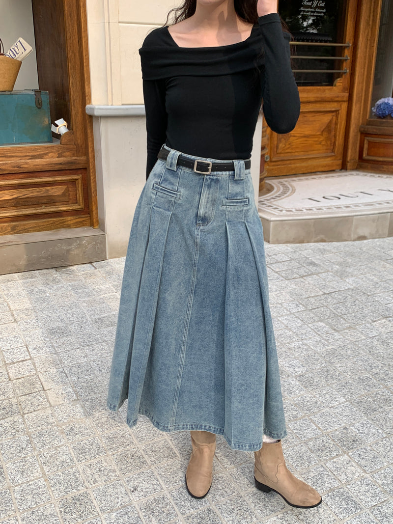 Side Pleated Denim Maxi Skirt with Belt