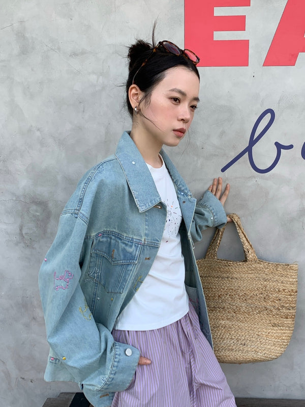 Stitched Bows and Dogs Oversized Denim Jacket