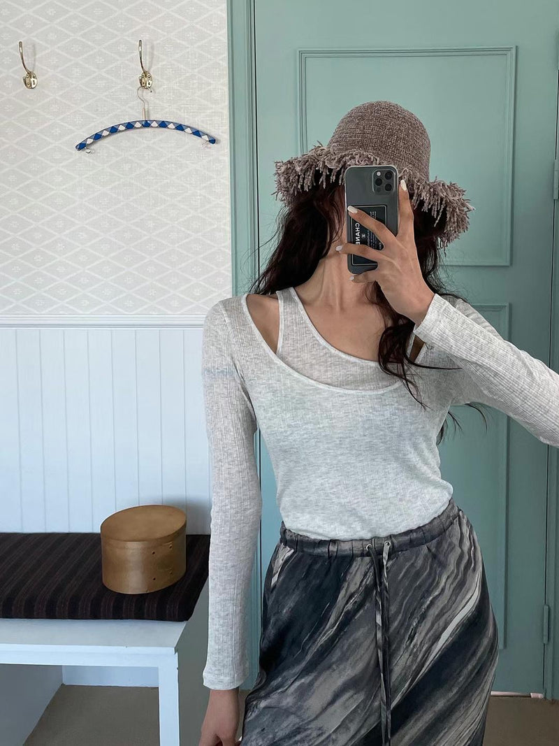 Asymmetrical Tank Neck Long-sleeves T-shirt