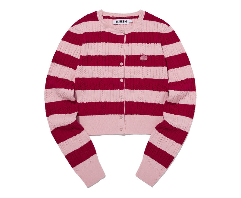 Small Cherry Cable Crop Knit Cardigan Stripe Pink