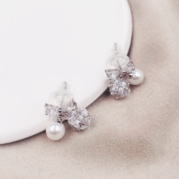Rhinestone and Pearl Cherry with Bow Earrings
