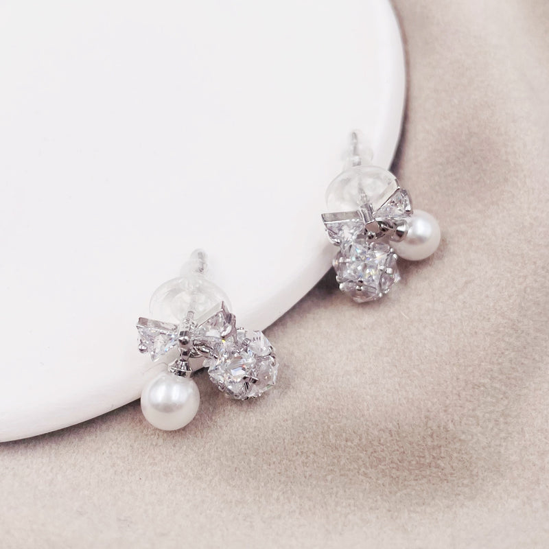 Rhinestone and Pearl Cherry with Bow Earrings