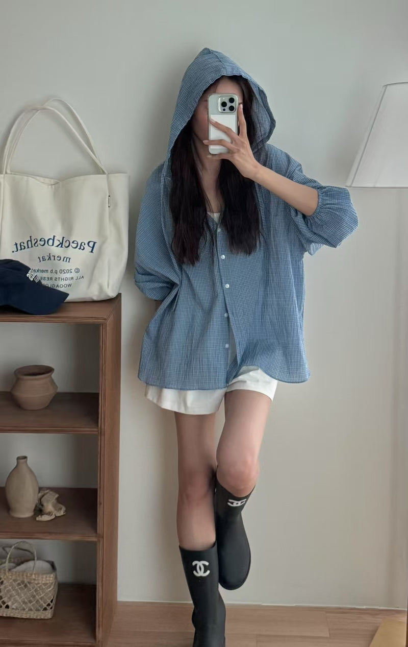 Small Checker Button Up Shirt with Hood