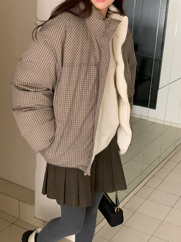 Reversible Checker Down Jacket with Drawstring