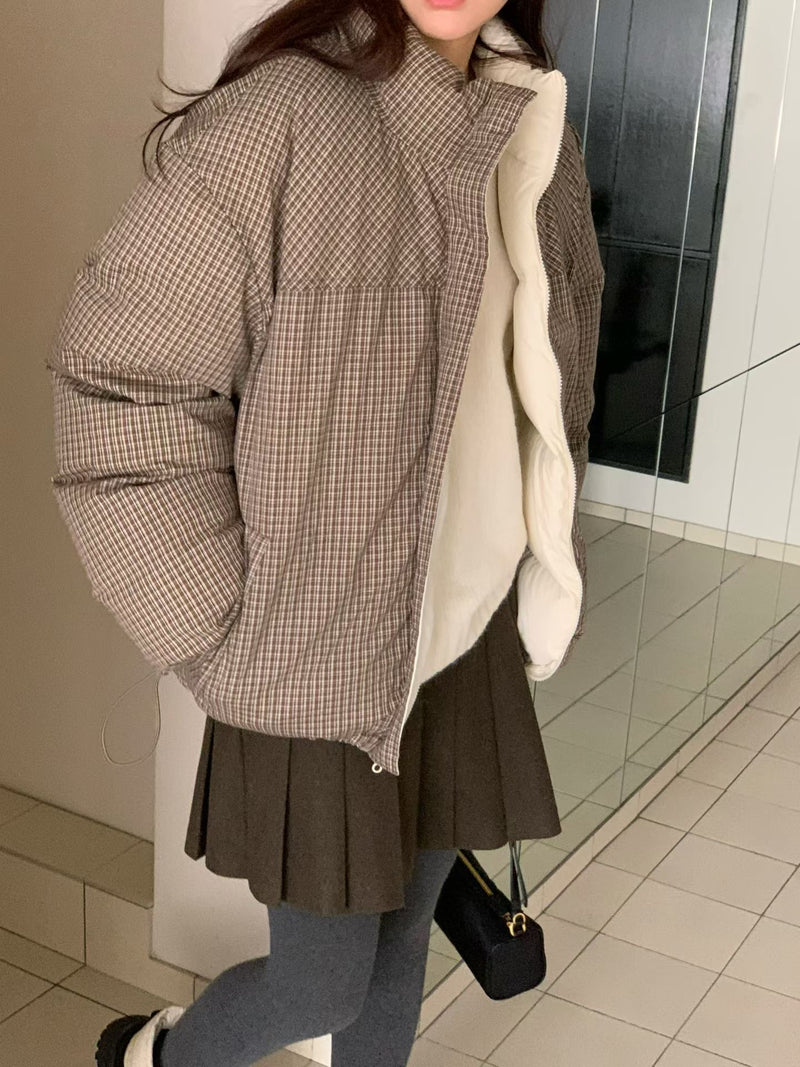 Reversible Checker Down Jacket with Drawstring