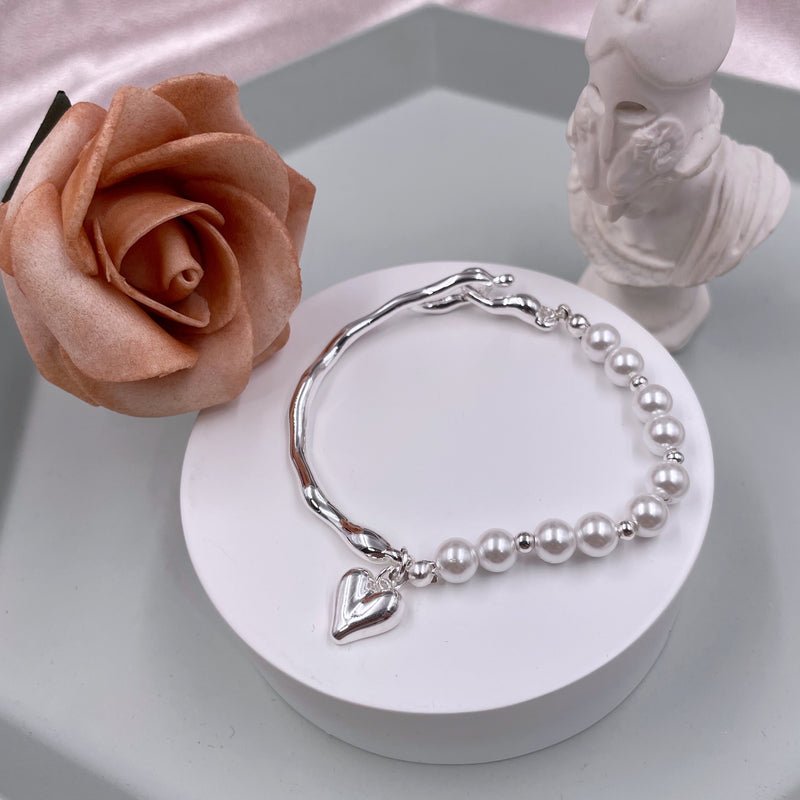 Half Pearls Half Bangle with Heart Bracelet