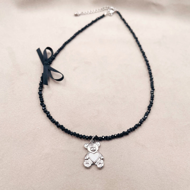 Black Beads with Bow and Bear Necklace