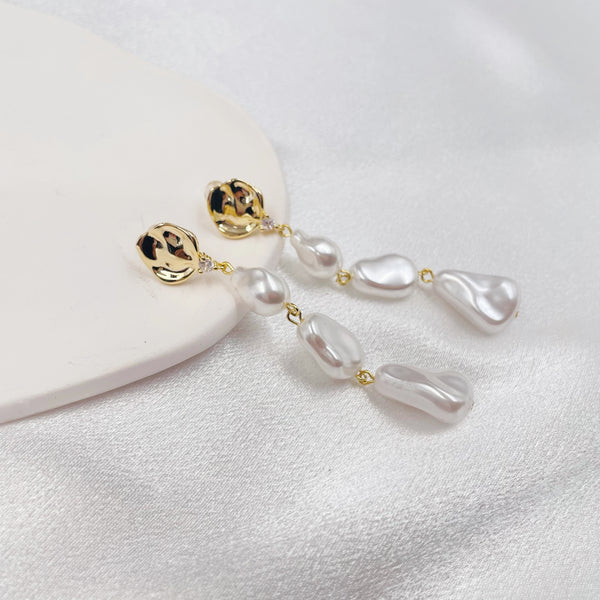 Irregular Pearls and Metal Long Earrings