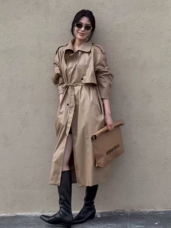 Shiny Long Trench Coat with Contrasting Cuff
